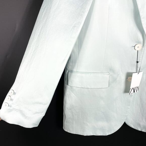 Zara Blazer Light Blue‎ Straight Cut 2-Button Jacket Linen Blend Sz XS Women - Picture 8 of 14
